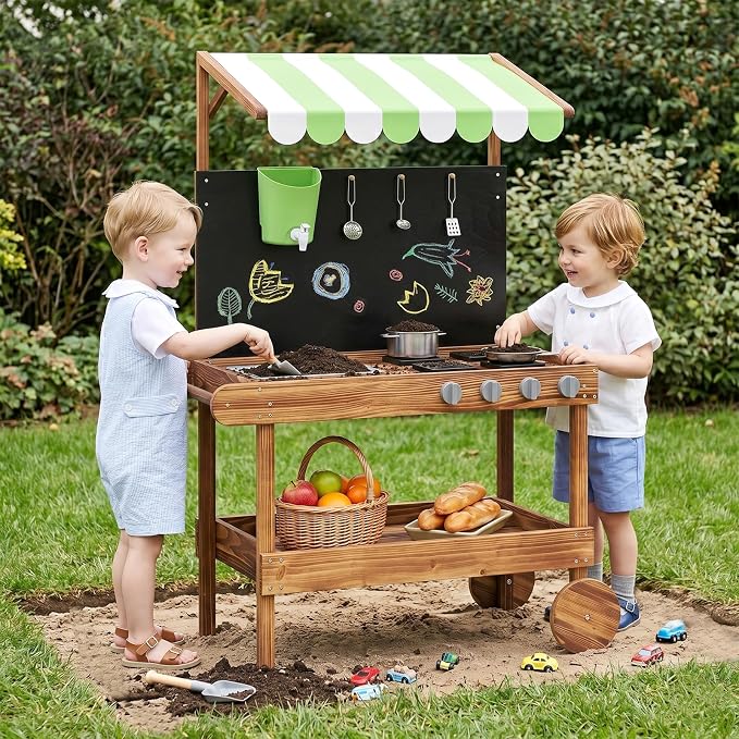 INFANS Mud Kitchen, Outdoor Play Kitchen with Drawing Board, Real Water Flow, Removable Sink, Storage, Cooking Accessories, Wooden Kids Kitchen Playset Gift for Boys Girls Ages 3+