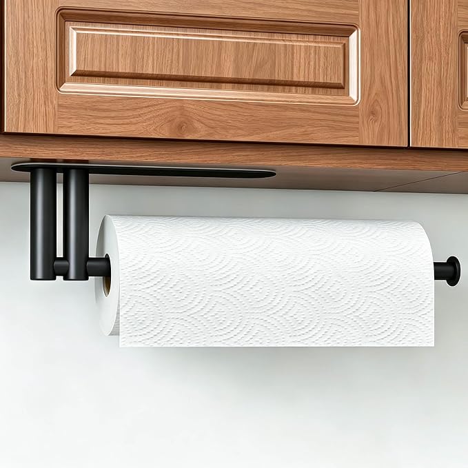 Paper Towel Holder Under Cabinet, Upgraded Dual-Rod Adhesive Paper Towel Holder with Longer Base, Stainless Steel Wall Mounted Holder for Kitchen Towels, No Drill, Black
