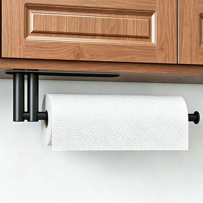 Paper Towel Holder Under Cabinet, Upgraded Dual-Rod Adhesive Paper Towel Holder with Longer Base, Stainless Steel Wall Mounted Holder for Kitchen Towels, No Drill, Black