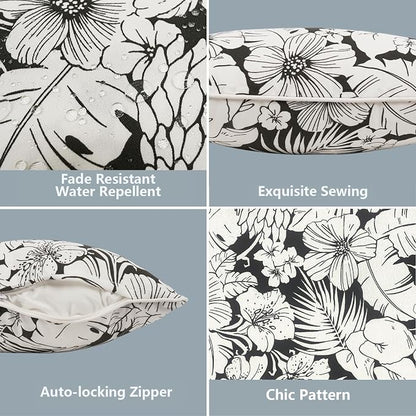 LVTXIII 2 Pack Outdoor Lumbar Pillow Covers 12x20 Inch with Piping, Water-Repellent Back Cushion Covers ONLY for Patio Furniture, Sofa, Garden Bench, Noir Floral