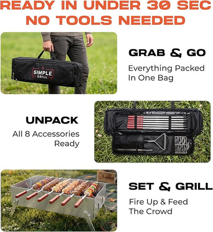 TSG Portable Stainless Steel Mangal Charcoal Grill For Shish Kebab, Steaks, Burgers | 20X12Inch| Includes 6 Skewers, 2 Tongs & Carry Bag | Foldable & Rustproof for Outdoor Cooking | Serves 8-12 People