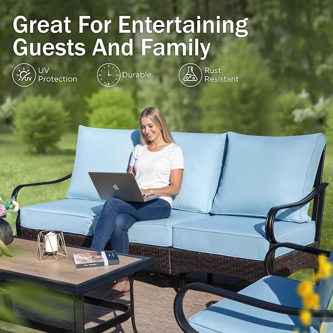 PHI VILLA Wicker & Metal Outdoor Patio Couch,3-Seat Patio Sofa with Deep Seating for Front Porch, Deck, Balcony, Backyard, Sunroom,Blue