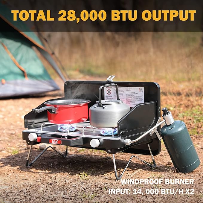 Feasto 2 Burner Propane Camping Stove with Folding Legs, Outdoor Portable Camp Stove with Push-Button Ignition & Wind Guards for Camping, Tailgating, BBQ, & More, Black