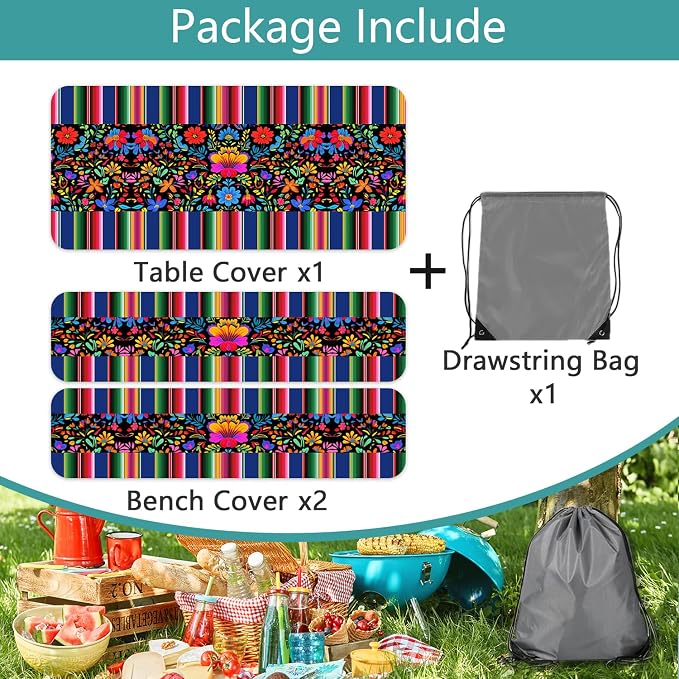 Mexico Picnic Table Cover with Bench Covers and Bag, Camping Essentials, Cinco De Mayo Fiesta Stripes Table Cloth Waterproof Fitted Tablecloth Cover with Elastic Edge for Outdoor 3 PCS 30x96 Inch