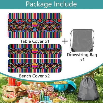 Mexico Picnic Table Cover with Bench Covers and Bag, Camping Essentials, Cinco De Mayo Fiesta Stripes Table Cloth Waterproof Fitted Tablecloth Cover with Elastic Edge for Outdoor 3 PCS 30x96 Inch