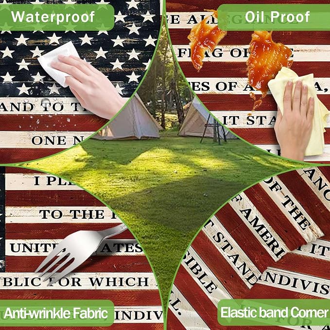 JAWO Fitted Picnic Table and Bench Cover, Vintage American Flag Pledge of Allegiance Print Waterproof Elastic Picnic Tablecloth for Outdoor Patio Camping Backyard Park, 30X72inch