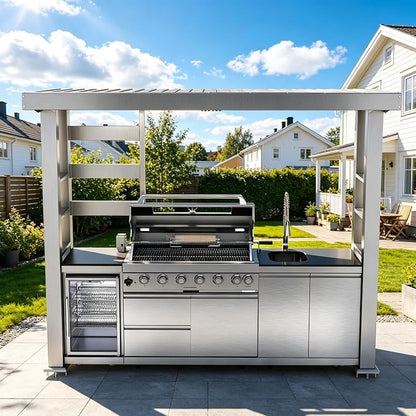 108" Outdoor Kitchen Island Crafted from Stainless Steel,6-Burner 85,000 BTU Natural Gas Grill,Rotisserie Oven,Refrigerator,Galvanized Steel Roof,Granite Countertops,Storage,Sink.(Natural Gas)
