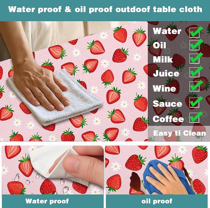 Strawberry Picnic Table Cover with Bench Covers and Bag, Camping Essentials, Berry Waterproof Windproof, Fitted Tablecloth Cover with Elastic Edge for Outdoor Garden 3 PCS 30x60 Inch