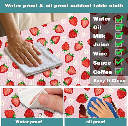 Strawberry Picnic Table Cover with Bench Covers and Bag, Camping Essentials, Berry Waterproof Windproof, Fitted Tablecloth Cover with Elastic Edge for Outdoor Garden 3 PCS 30x96 Inch