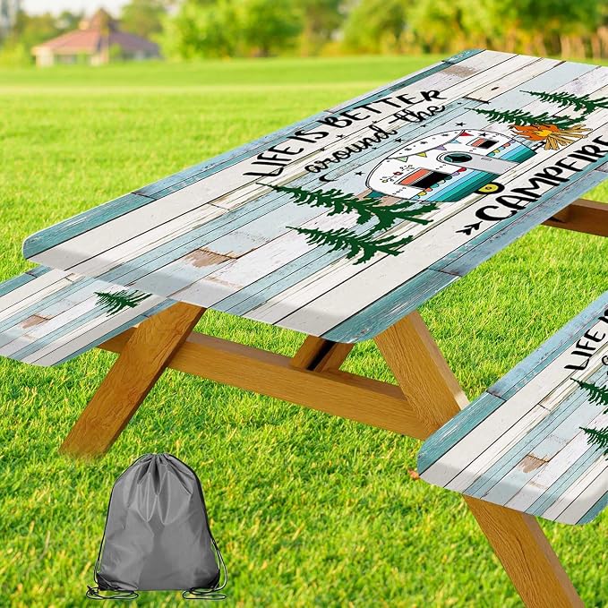 JAWO Picnic Table Cover with Bench Seats 3 Piece Set, Vintage Wooden Camper Pine Tree Camping Elastic Fitted Picnic Tablecloth Outdoor Camping Patio Picnic Table, 30X96 inch