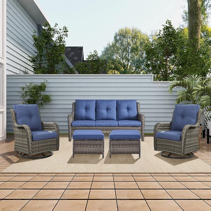 Rilyson Outdoor Patio Wicker Sofa, 900Lbs Weight Capacity Large 3 Seater Wicker Patio Couch with 4in Seat Cushions and Deep Seating, All Weather for Backyard, Garden, Poolside (Mixed Grey/Blue)