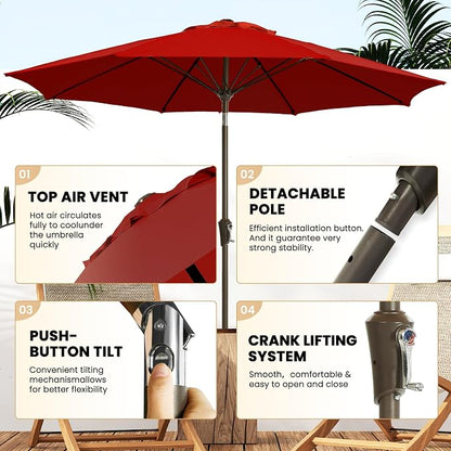 Ayge Patio Umbrella 9 FT Outdoor Table Umbrella Fiberglass for poolside red | Fiberglass frame, 8 ribs, tilt & crank. UPF50+ waterproof canopy. Wind-resistant. For outdoor table, patio, backyard.