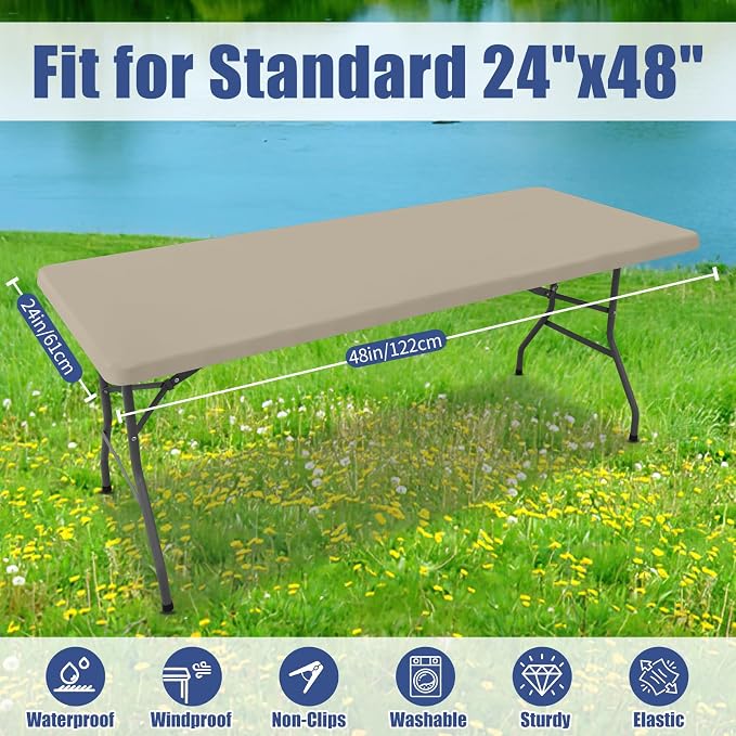 Moosfor Spandex 4 Foot Rectangle Table Cloth, Elastic Fitted Tablecloths for Picnic, Stretch Washable Patio Table Cover for Outdoor, Camping, Banquet and Parties (Taupe, 24"x48")