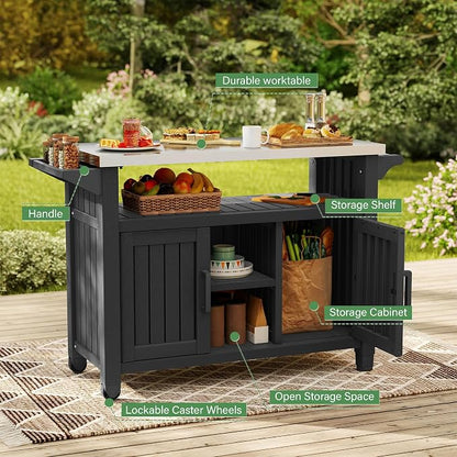 Bifanuo Outdoor Grill Table Grill Cart with Stainless Steel Top & Storage Cabinet for Food Prep and Storage, Portable and Durable with Wheels(Black)