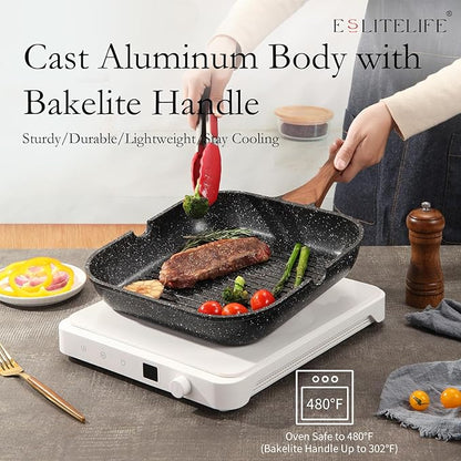 ESLITE LIFE Nonstick Grill Pan with Lid & Tongs for Stove Tops, 9.5 Inch Versatile Square Big Grilling Skillet Steak Pan with Pour Spouts for Indoor & Outdoor Cooking, PTFE & PFOA Free, Black