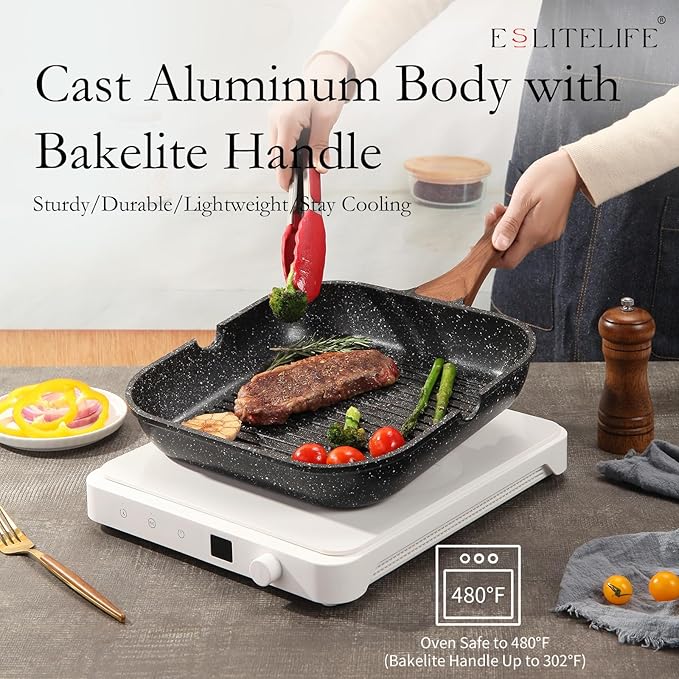 ESLITE LIFE Nonstick Grill Pan for Stove Tops, Versatile Griddle with Pour Spouts, 11 Inch Square Big Grilling Skillet Steak Pan for Indoor & Outdoor Cooking, PTFE & PFOA Free, Black