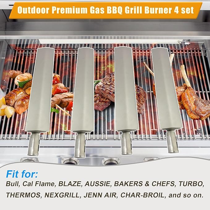 4-Set Heavy Duty Cast Stainless Steel Grill Burners for Bull, Grill Replacement Parts for Bull, Blaze, Cal Flame, Lion, Grilljob, Aussie, Char Broil, Turbo, Thermos, Beefeater, Jenn Air, Nexgrill, etc