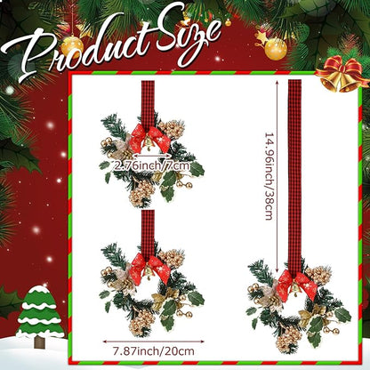 Zeyune 6 Pcs Small Christmas Wreaths for Kitchen Cabinets with Plaid Bow Ribbon Hanging Mini Christmas Cabinet Door Wreaths Decor for Kitchen Window Outdoor Indoor Holiday Decor, 14.96 x 7.87''