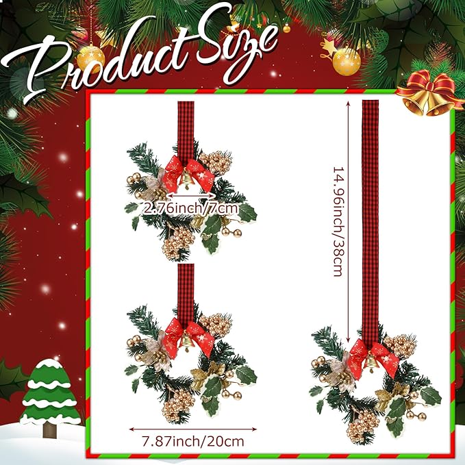 Zeyune 8 Pcs Small Christmas Wreaths for Kitchen Cabinets with Plaid Bow Ribbon Hanging Mini Christmas Cabinet Door Wreaths Decor for Kitchen Window Outdoor Indoor Holiday Decor, 14.96 x 7.87''