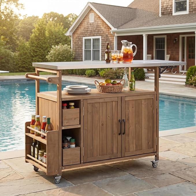 Christopher Knight Home Edsel Outdoor Bar Cart with Stainless Steel Top and Lockable Wheels, Solid Wood Outdoor Storage Cabinet, Kitchen Island Serving Cart for Poolside, Garden, Natural Brown+Silver