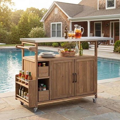 Christopher Knight Home Edsel Outdoor Bar Cart with Stainless Steel Top and Lockable Wheels, Solid Wood Outdoor Storage Cabinet, Kitchen Island Serving Cart for Poolside, Garden, Natural Brown+Silver