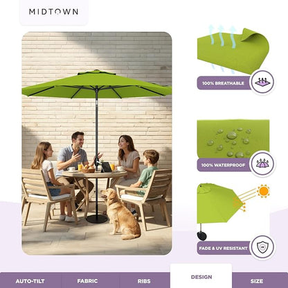 Midtown Umbrellas - 10-Year-No-Fade 8 Ft Patio Umbrella with Terylast Fabric, Auto-Tilt Aluminum Frame and 8 Reinforced Ribs for Deck, Pool, Garden & Beach - Pear Green Canopy, Black Pole