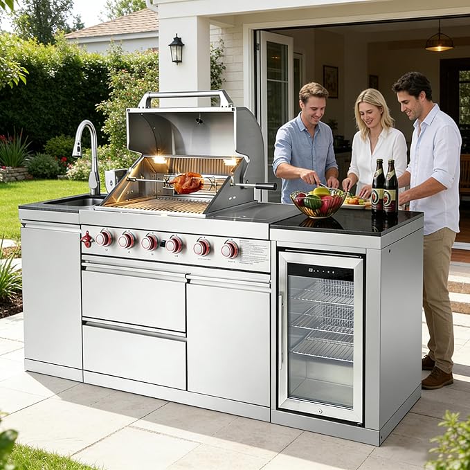 85" Modular Outdoor Kitchen Island with Grill and Side Burner, 4-Burner 71,500 BTU Propane BBQ Island, Refrigerator, Sink & Rotisserie, for Backyard and Patio Cooking, Silver