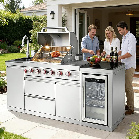 85" Modular Outdoor Kitchen Island with Grill and Side Burner, 4-Burner 71,500 BTU Propane BBQ Island, Refrigerator, Sink & Rotisserie, for Backyard and Patio Cooking, Silver