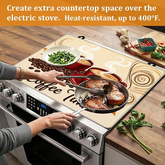 Electric Stove Top Cover,Red Coffee Cups Stove Cover for Glass Top Electric Stove,Coffee Bean Heat Resistant Flat Top Stove Mat Countertop Protector, 28 x 20 Inch