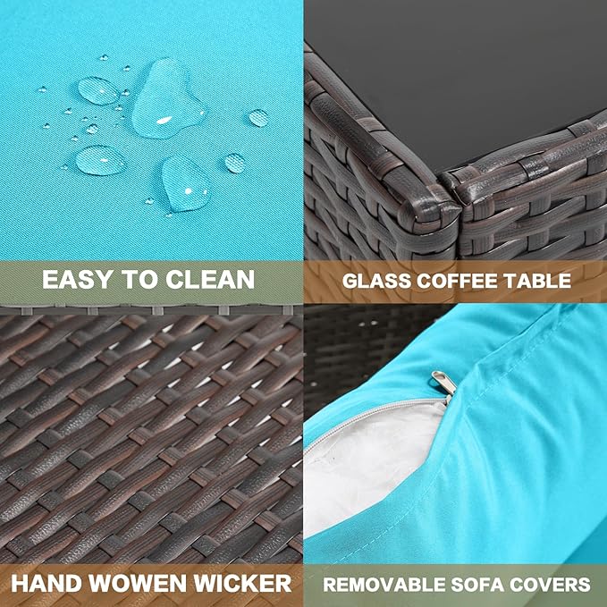 MOCHITO 5 Pieces Outdoor Patio Furniture Sets, All-Weather Sectional Sofa Dark Brown PE Rattan Wicker Conversation Set with Glass Table and Washable Turkish Cushions for Backyard,Sunroom,Garden,Porch