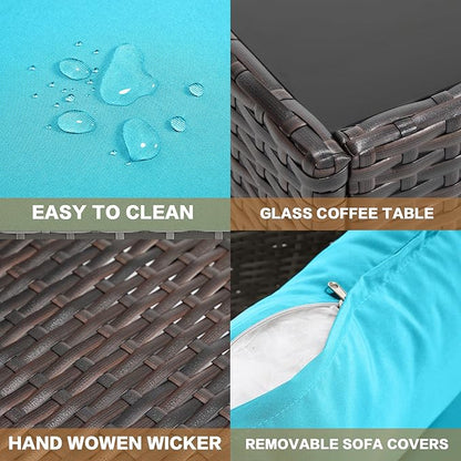 MOCHITO 5 Pieces Outdoor Patio Furniture Sets, All-Weather Sectional Sofa Dark Brown PE Rattan Wicker Conversation Set with Glass Table and Washable Turkish Cushions for Backyard,Sunroom,Garden,Porch