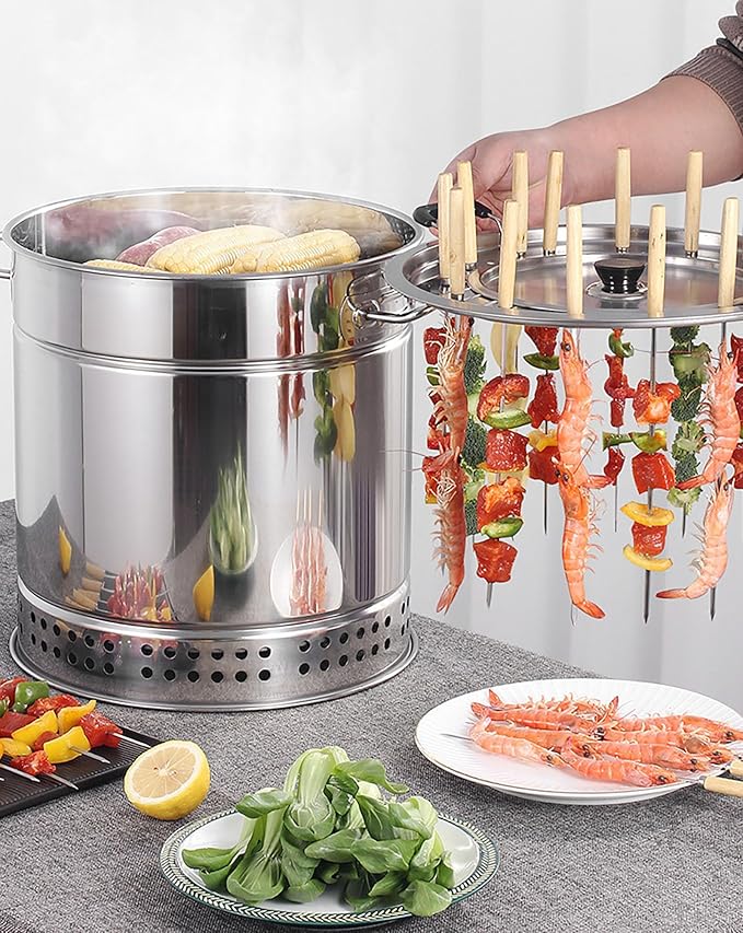 Charcoal BBQ Hanging Stove,Stainless Steel BBQ Grill Mesh Barrel with Kabob Skewers, Rolling Grilling Basket, Camping Barbecue Rack for Vegetables and Meat Carbon barbecue,20 strings