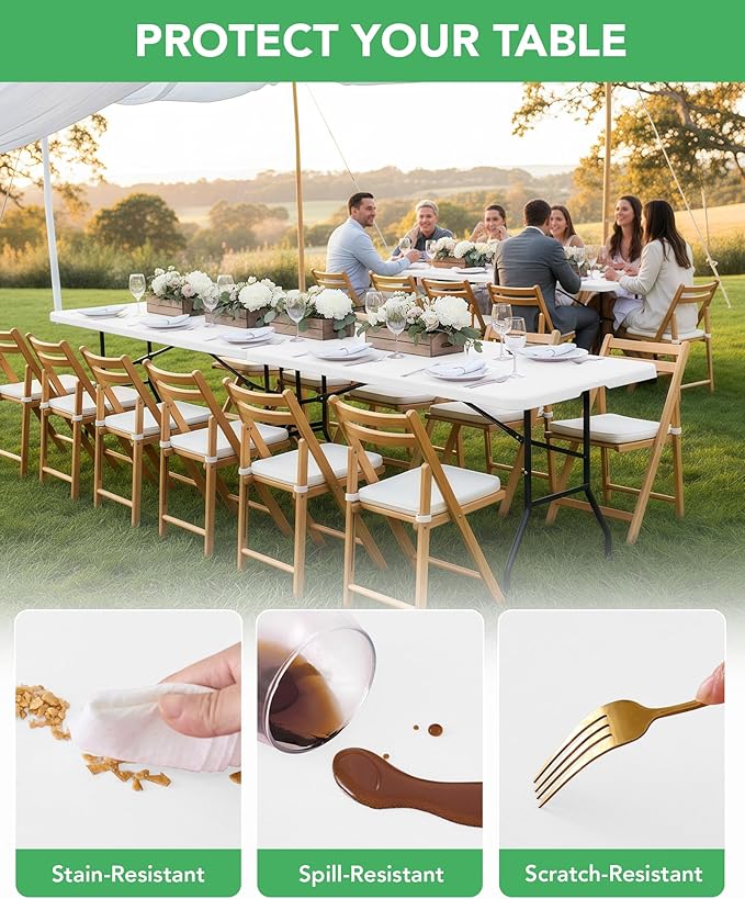 Fitted Tablecloth Rectangle Table Cloths with Elastic, 8 ft, White, 8 Pack | For Outdoor Picnic Camping Party 8 foot Folding Spandex Table Covers, Water-Resistant, Windproof, Reusable, 96"L x 30"W