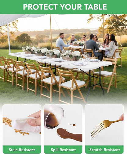Fitted Tablecloth Rectangle Table Cloths with Elastic, 8 ft, White, 8 Pack | For Outdoor Picnic Camping Party 8 foot Folding Spandex Table Covers, Water-Resistant, Windproof, Reusable, 96"L x 30"W