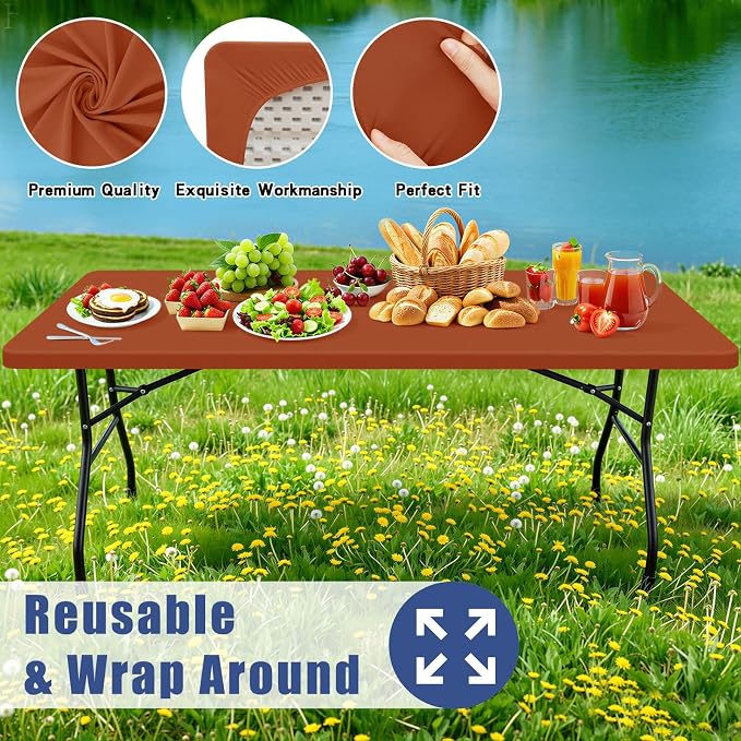 Moosfor 2 Pack Rectangle Spandex Fitted Table Cloth, 8FT Elastic Tablecloth | Washable Picnic Table Cover, Stretch Waterproof Table cloths for Party, Patio, Dining, Kitchen, 30" x 96", Terracotta