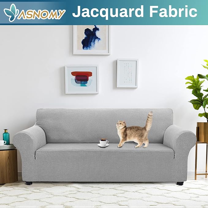 Asnomy Stretch Couch Covers for Sofa Washable, 3 Cushion Couch,Silver | 1-Piece Sofa Covers(78"-94") 3-Seater Furniture Protector Soft Jacquard,Non-Slip Elastic Bottom For Dogs & Kids