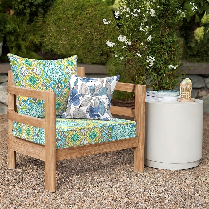 DYTXIII Outdoor Deep Seat Cushion Set, Water Repellent 24"x24" Patio Thick Cushions Replacement with Seat & Back Pillow for Patio Sofa, Wicker Chair, Couch - Damask Green