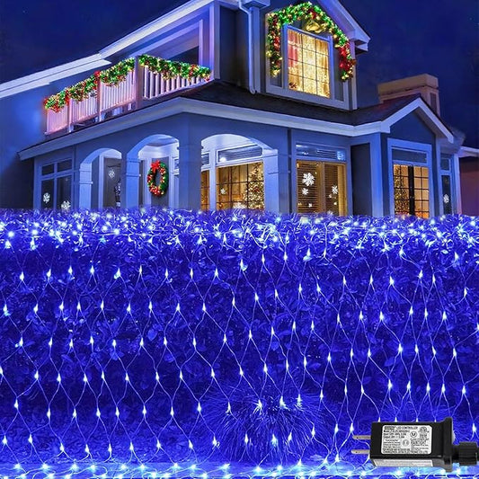 QITONG Net Lights Outdoor Mesh Lights, 12ft x 5ft 360 LED Blue Christmas Light with 8 Modes, Connectable Clear Wire Bush Light Plug in