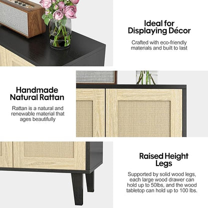 Panana Buffet Cabinet Sideboard with Rattan Decorated Doors Kitchen Storage Cupboard Accent Cabinet (Black)