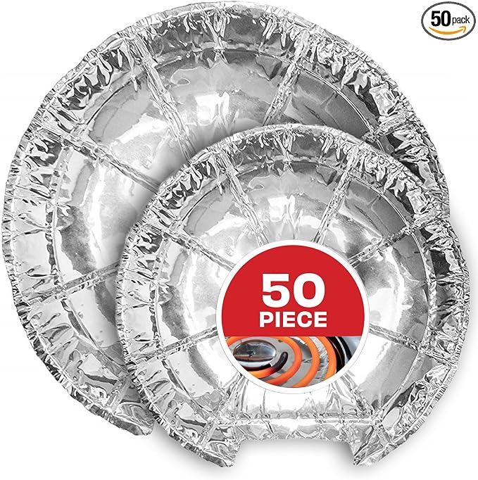 Round Electric Stove Burner Covers (50 Pack) 6 Inch and 8 Inch Disposable Stove Top Aluminum Foil Bib Liners, to Keep Kitchen Range Clean from Oil and Food Drips, Stock Your Home