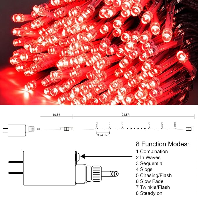 LJLNION 300 LED Valentines Lights, Extra Long 98.5FT Christmas String Lights Outdoor Indoor, 8 Lighting Modes, Plug in Waterproof Fairy Lights for Wedding Party Bedroom Decorations (Red)