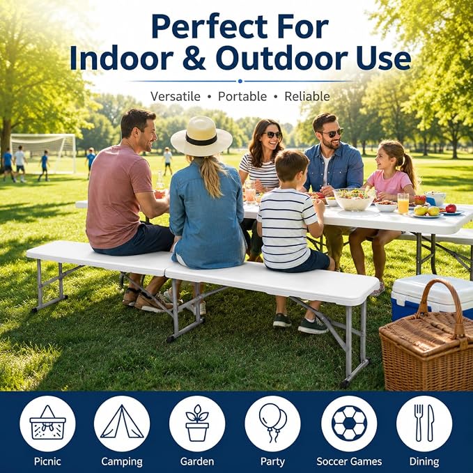 Plastic Folding Bench - Portable Bench Used for Indoor, Outdoor, Picnic, Party, Camping, Dining Seat, Garden Soccer Multipurpose Entertaining Activities, White (1, White, 6 Feet)