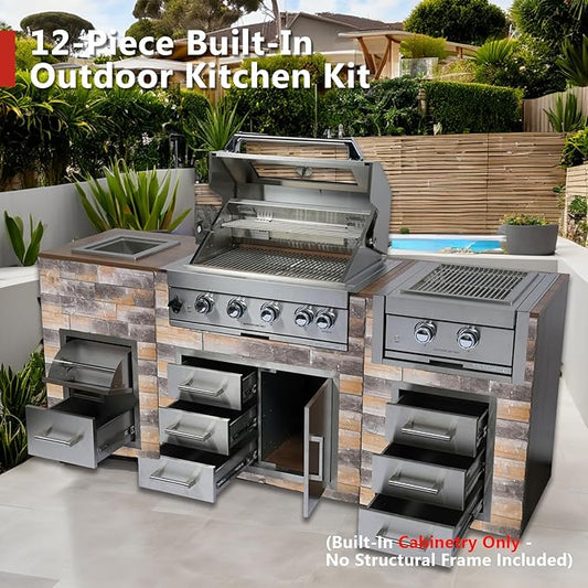 12PCS 32" Built - In Outdoor Kitchen System, 60000 Btu Stainless Steel BBQ Grill Island, Propane Gas Grill with Ice Bin, Paper Towel Holder, Cabinets, Rotisserie Kit, Backyard Cooking Station