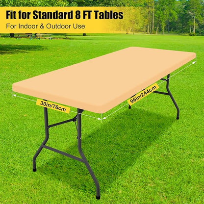 Smiry Rectangle Tablecloth, Elastic Fitted Flannel Backed Vinyl Tablecloths for 8ft Folding Tables, Waterproof Wipeable Table Covers for Indoor, Outdoor, Picnic and Camping (Light Camel, 30"x96")
