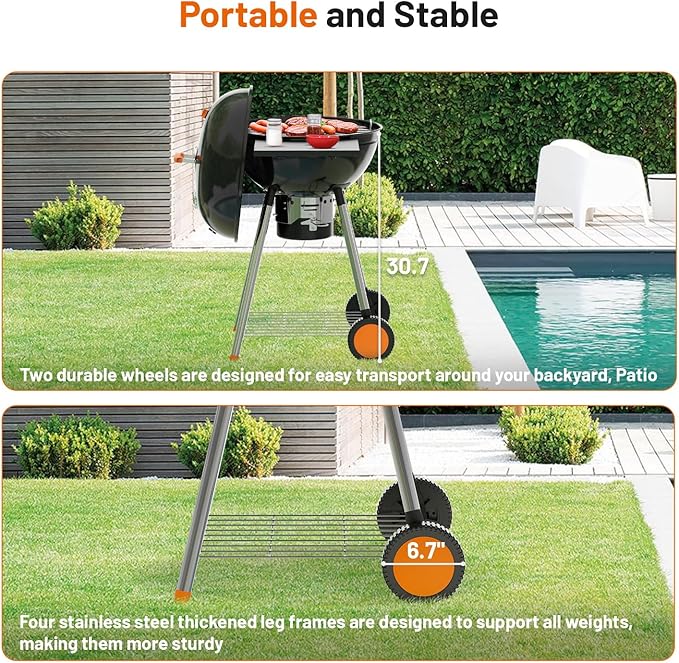 KEYO GRILL 22.5-inch Kettle Charcoal Grills, Portable Charcoal Grill with Adjustable Vents, One Click Cleaning System, Foldable Side Table Outdoor BBQ Grill for Camping, Tailgating and Backyard