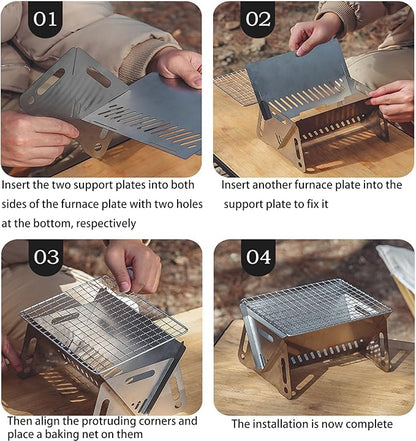 Mini Portable Camping Grill with Bamboo Stick/Storage bag, Small Assemblable Removable BBQ Grill Tabletop Fire Pit for Camping Patio Outdoor Stainless Steel Camping Grill Folding Barbecue Grills