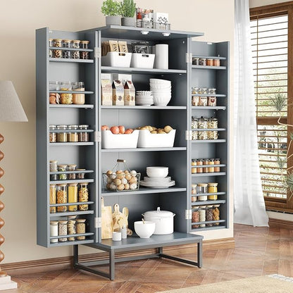 kepptory 51" Pantry Cabinet with Diamond-Patterned Doors and Golden Handles, Freestanding Kitchen Storage Cabinet with 17 Shelves, Tall Metal Base, Adjustable Feet, Grey