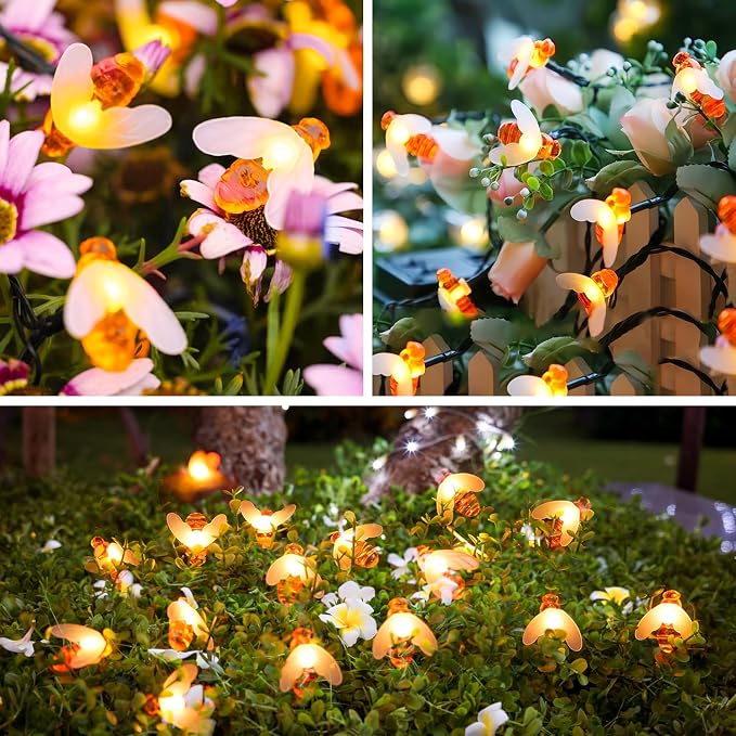 JMEXSUSS 2 Pack Solar String Lights Outdoor, 50 LED, Bee | Outdoor Waterproof, Warm White, 8 Modes Twinkle Lights Solar Fairy Lights for Garden Patio Yard Tree Christmas Decorations