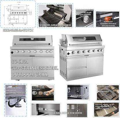 BBQ Island Outdoor Kitchen Kits 6-Burner 85000 BTU Stainless Steel Modular 82 Inch Natural Gas Outdoor Kitchen Bar Barbecue Island Grill with Refrigerator and Sink for Patio Backyard