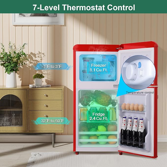 Retro Fridge with Freezer, 3.5 Cu. Ft. Mini Fridge Red | Small Refrigerator with 7-Level Adjustable Thermostat, Retro Compact Refrigerator 2-Door Fridges for Apartment/Dorm/Office/RV